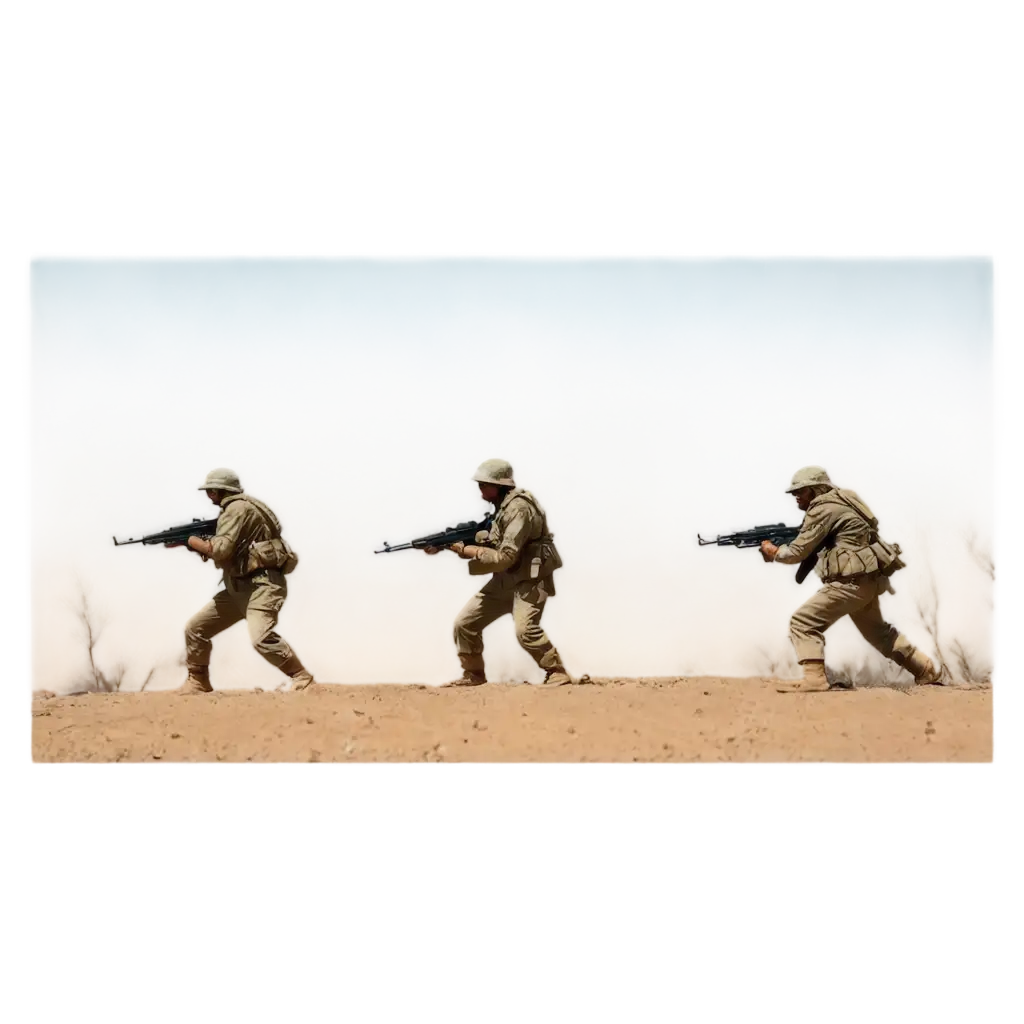 a battlefield in a desert with sky related to Iran and Iraq war where soldiers with Klashin gun foot in animationshi fighting each other