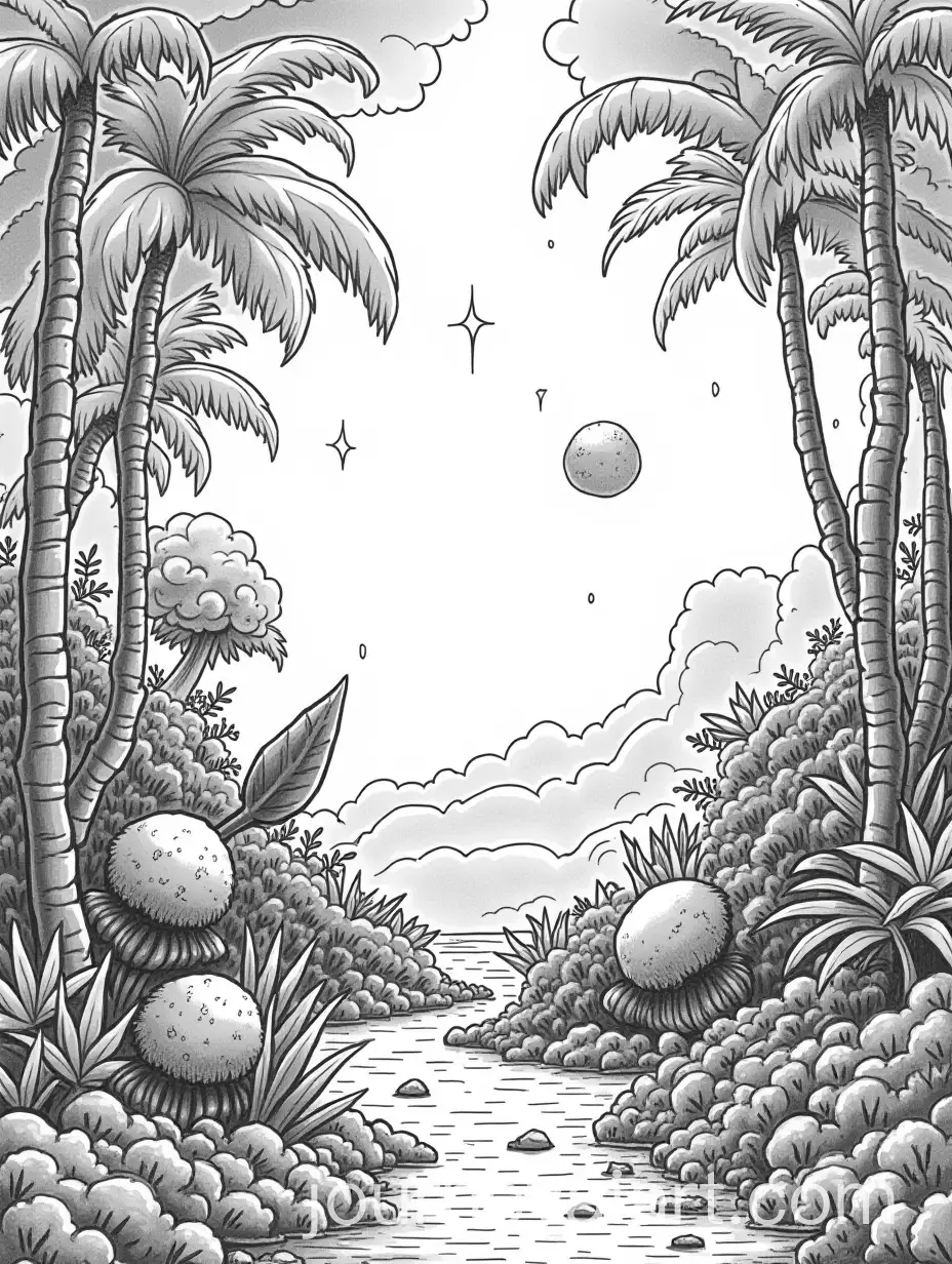 Black-and-White-Detailed-Drawing-of-a-Cosmic-Forest-with-Fantastic-Animals-on-Another-Planet