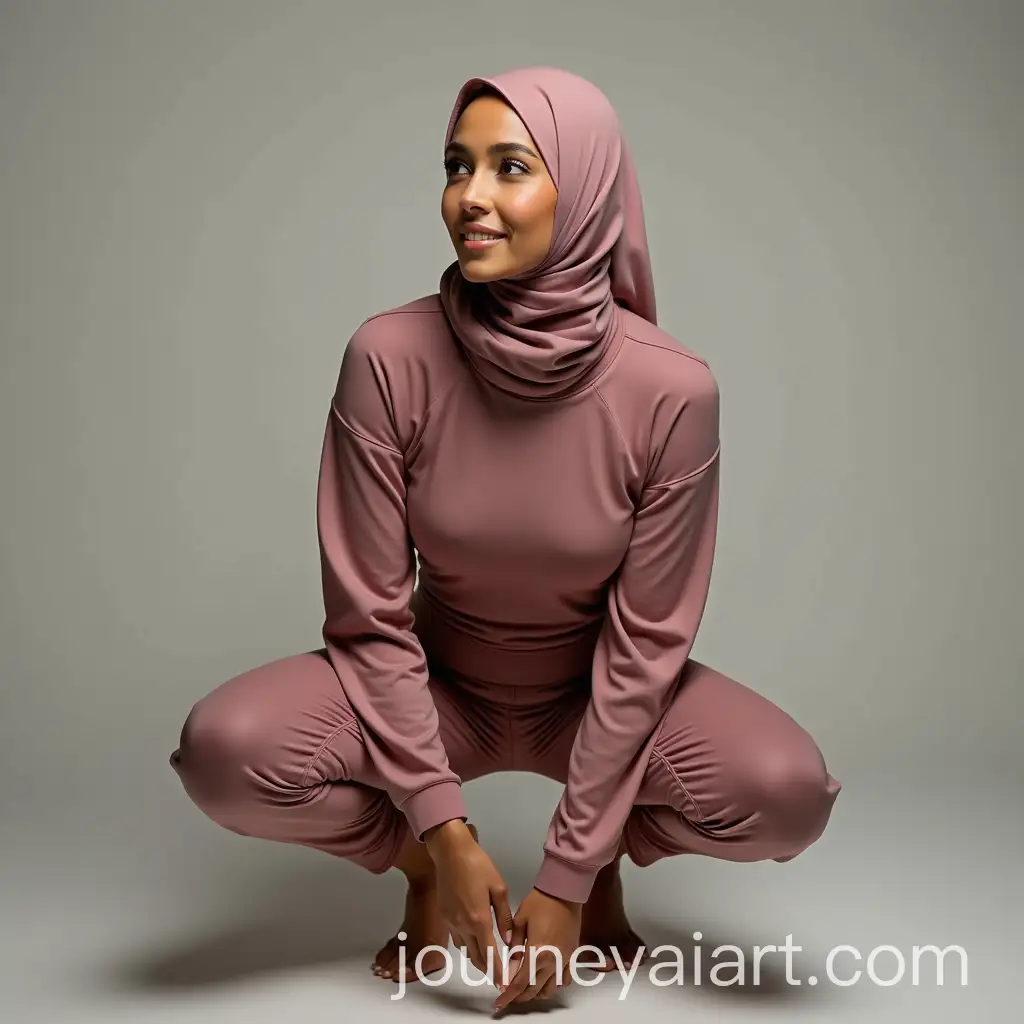 Woman-in-Tight-Pajamas-and-Hijab-Squatting