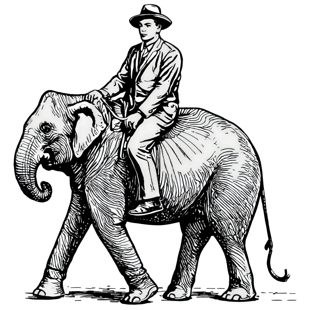 Man rides an elephant, Line drawing, Retro, Black and white