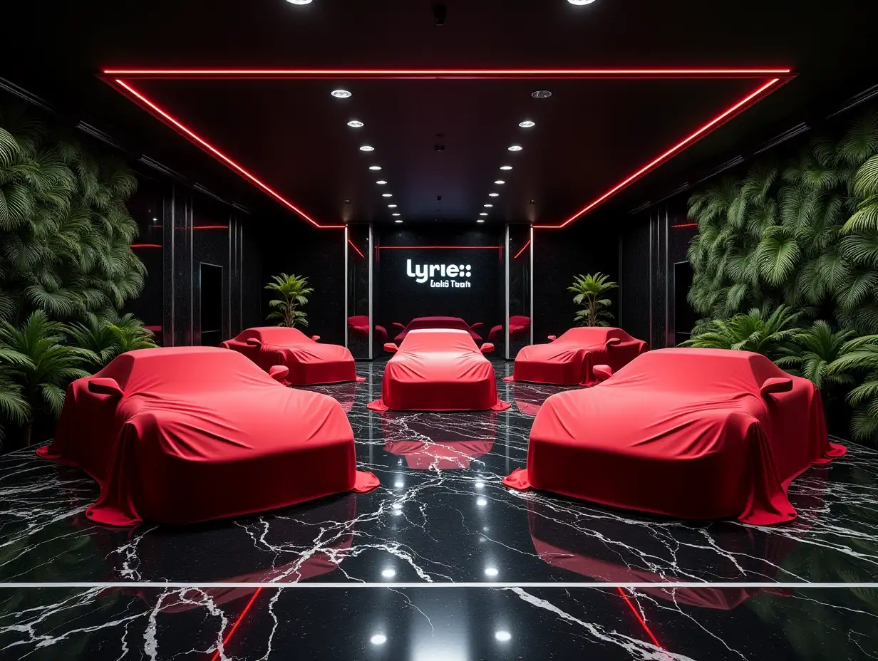 a luxury black marble garage with marble on the floor with 6 cars parked diagonally covered with a red silk cover, top down visualization and some greenery to make the place look more alive, some perimeter LEDs around the cars and on the walls, and on the back wall it says lynx motors led lighting in the back