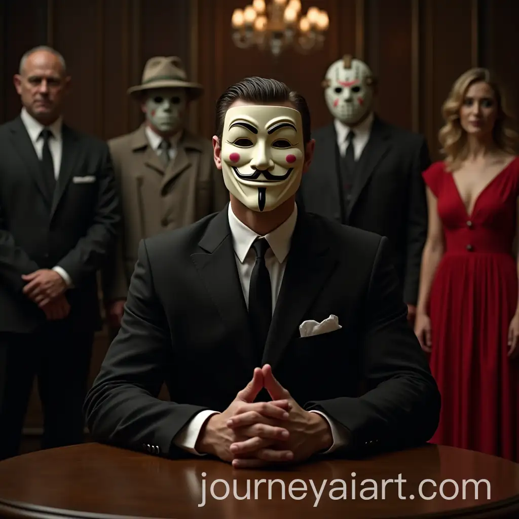 Mafia-Style-Man-with-Anonymous-Mask-and-Unusual-Group-in-OldFashioned-Room