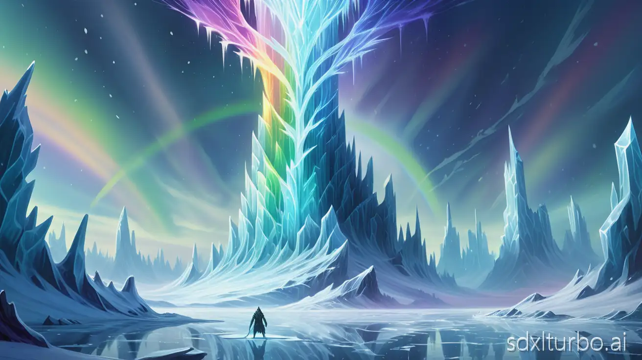 An icy tundra split by aurora skies, where a mage conjures rainbow sparks from a staff of crystal. Across the frozen horizon, a towering frost titan awakens, its body glowing with icy veins and shards of crystal drifting like meteors from its shoulders.