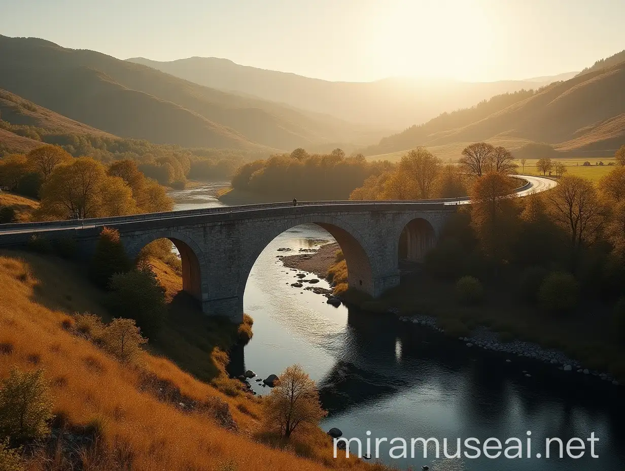 Serene Stone Bridge Over Quiet River in Rural Landscape