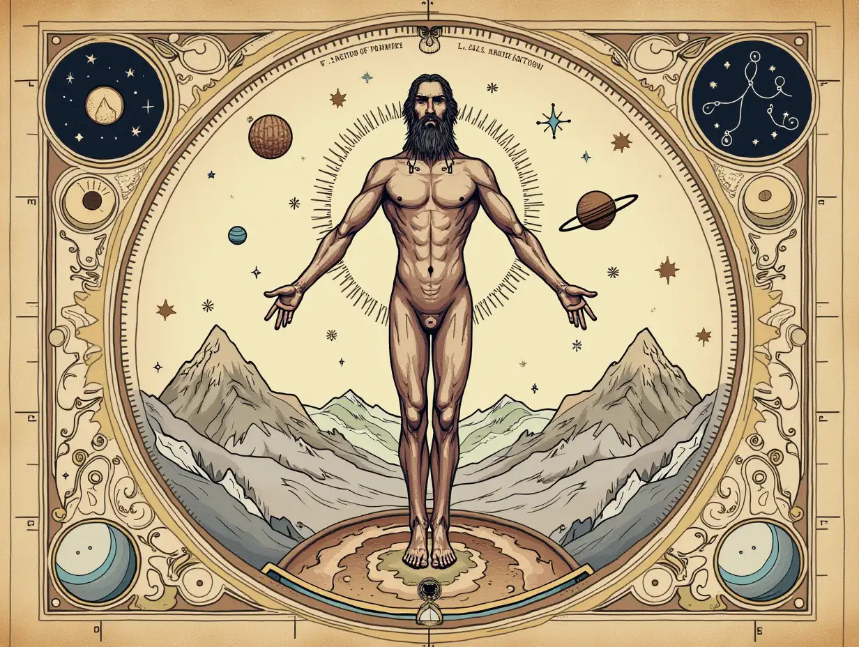 Human-Figure-Surrounded-by-Celestial-Symbols-and-Cosmic-Elements