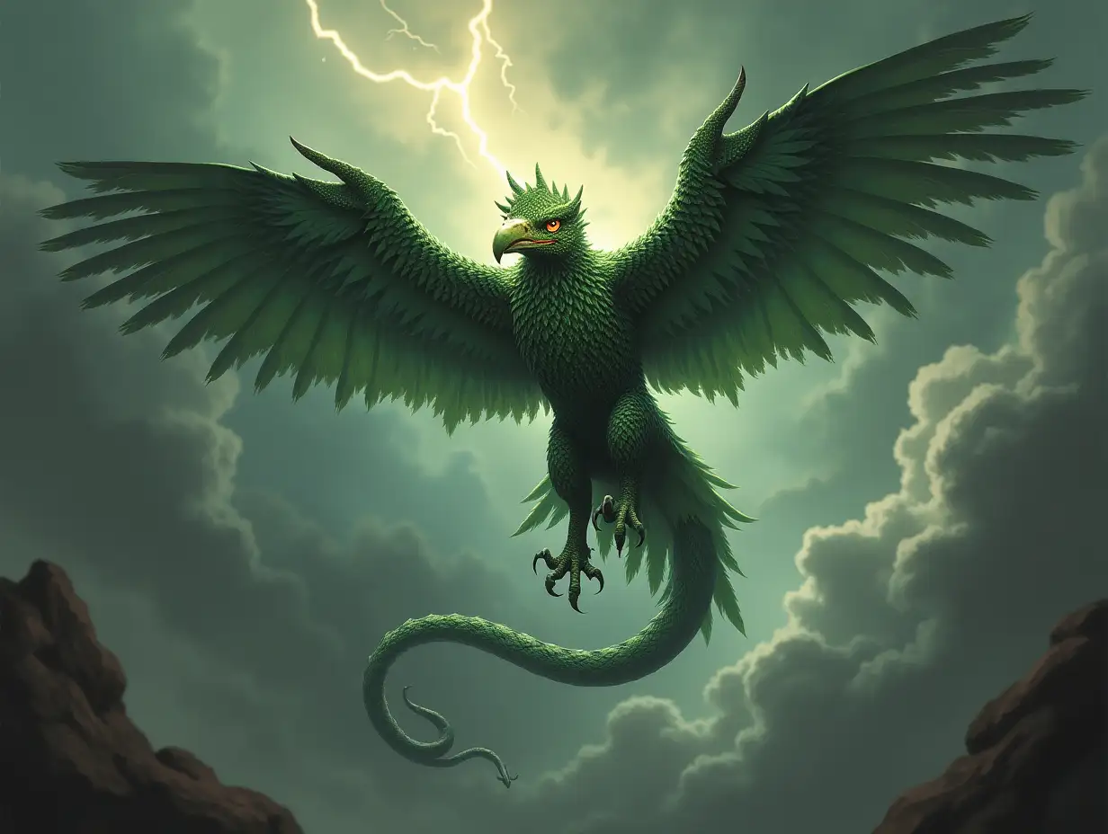 A majestic hybrid creature with the fierce head and talons of an eagle, its golden eyes glowing with wisdom and ferocity. Its long, sinuous body is covered in shimmering emerald scales, blending into massive, outstretched wings that glimmer with metallic feathers. The tail ends in a sharp, serpent-like rattle, emitting a faint, eerie sound. It soars through a chaotic sky filled with swirling wind and distant lightning