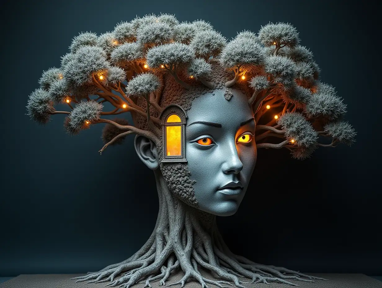 Face with hair transformed into building with silver stone and Illuminated trees with roots and lantern