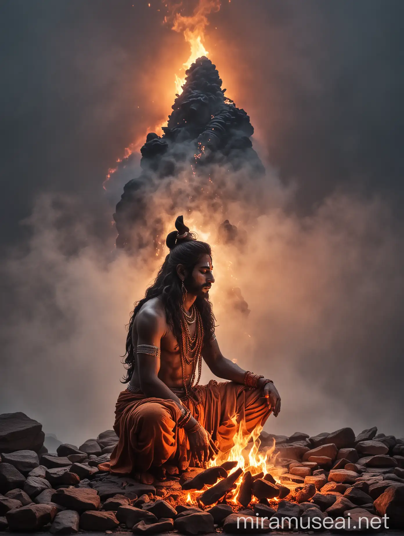 Hindu Men Praying to Mahadev Amidst a Foggy Fire Background