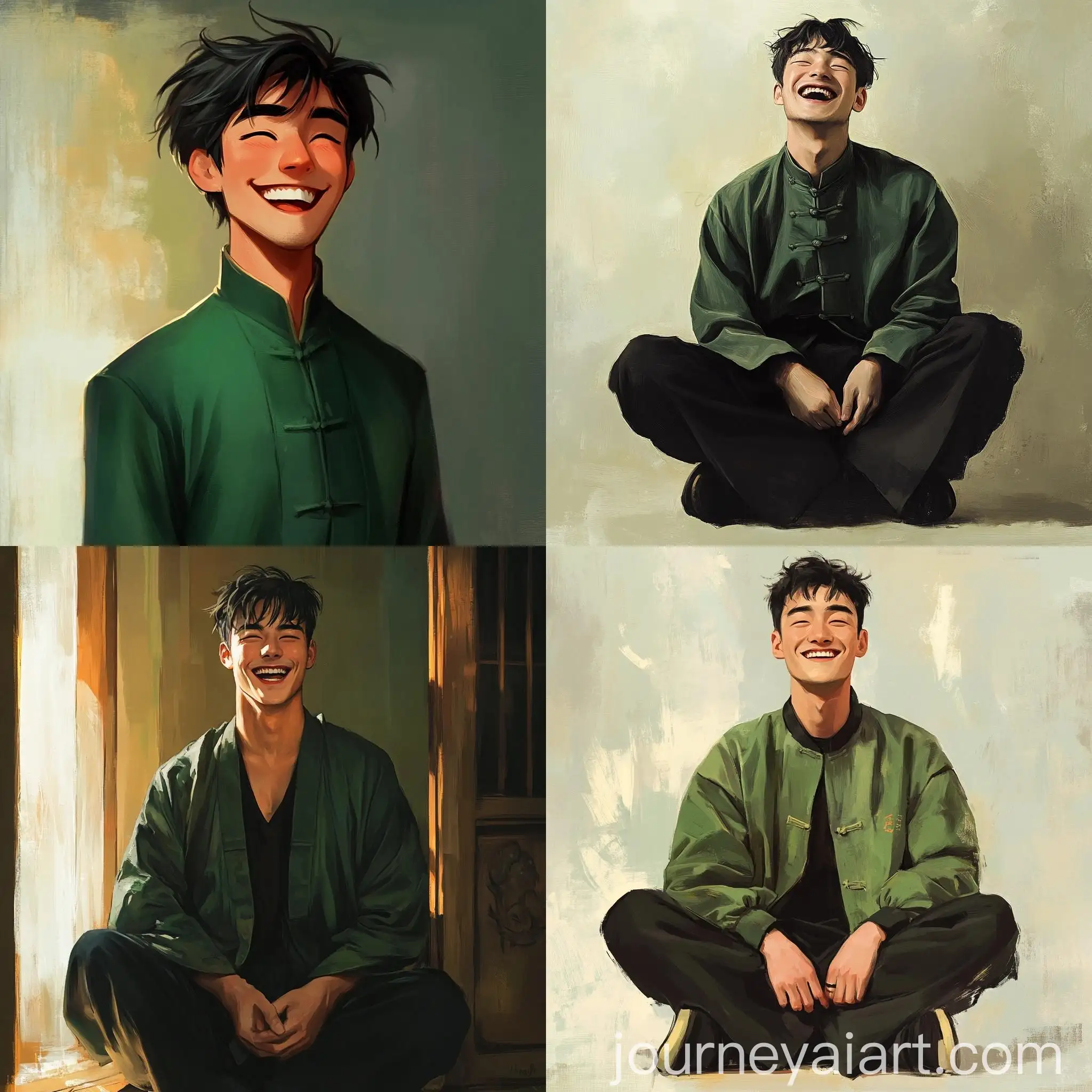 Laughing-Young-Chinese-Man-in-Traditional-Green-Tang-and-Black-Pants