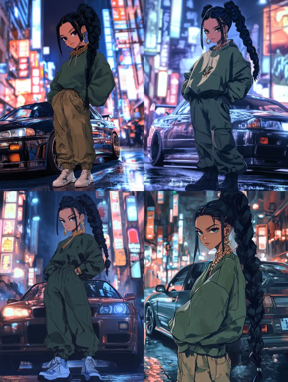 Anime-Character-Standing-in-Front-of-Stanced-Nissan-Skyline-in-Neon-Lit-City