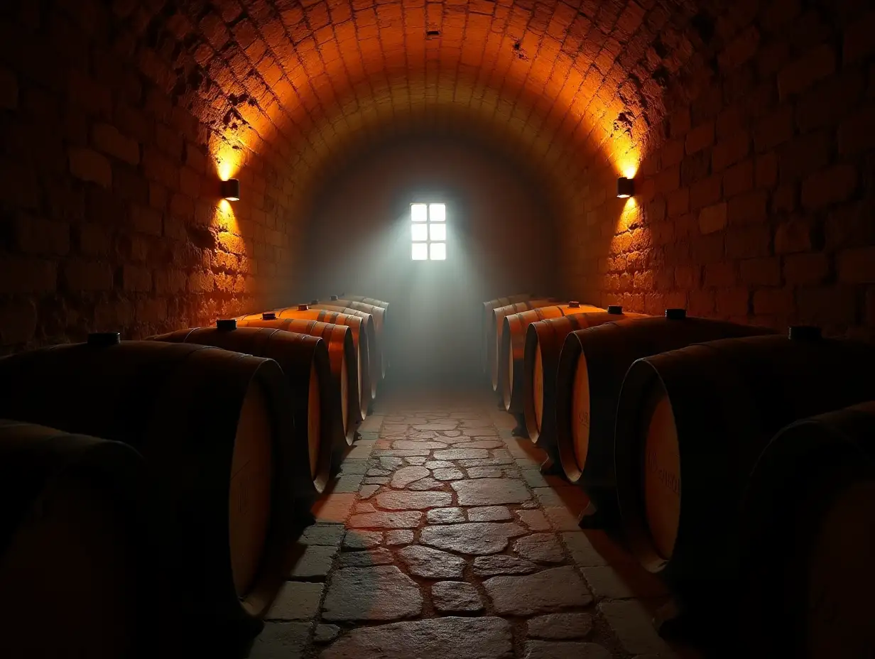 Close-up of a wine cellar. The cellar is made of aged bricks, there are also some wooden barrels. The floor is made of stones. The whole room is lit by a dim orange light, some mist and you can see a small window through which a glimmer of light enters.