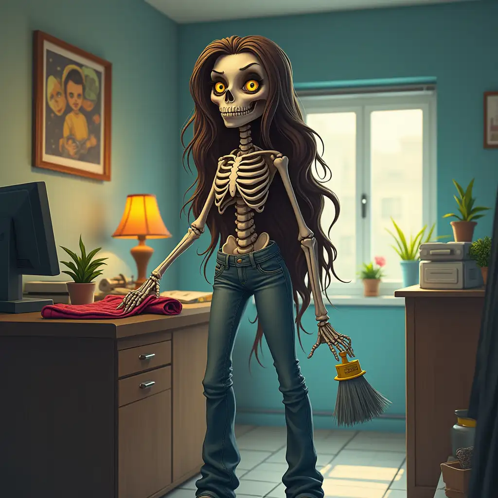 Humorous-Female-Skeleton-Cleaning-Office-for-Halloween