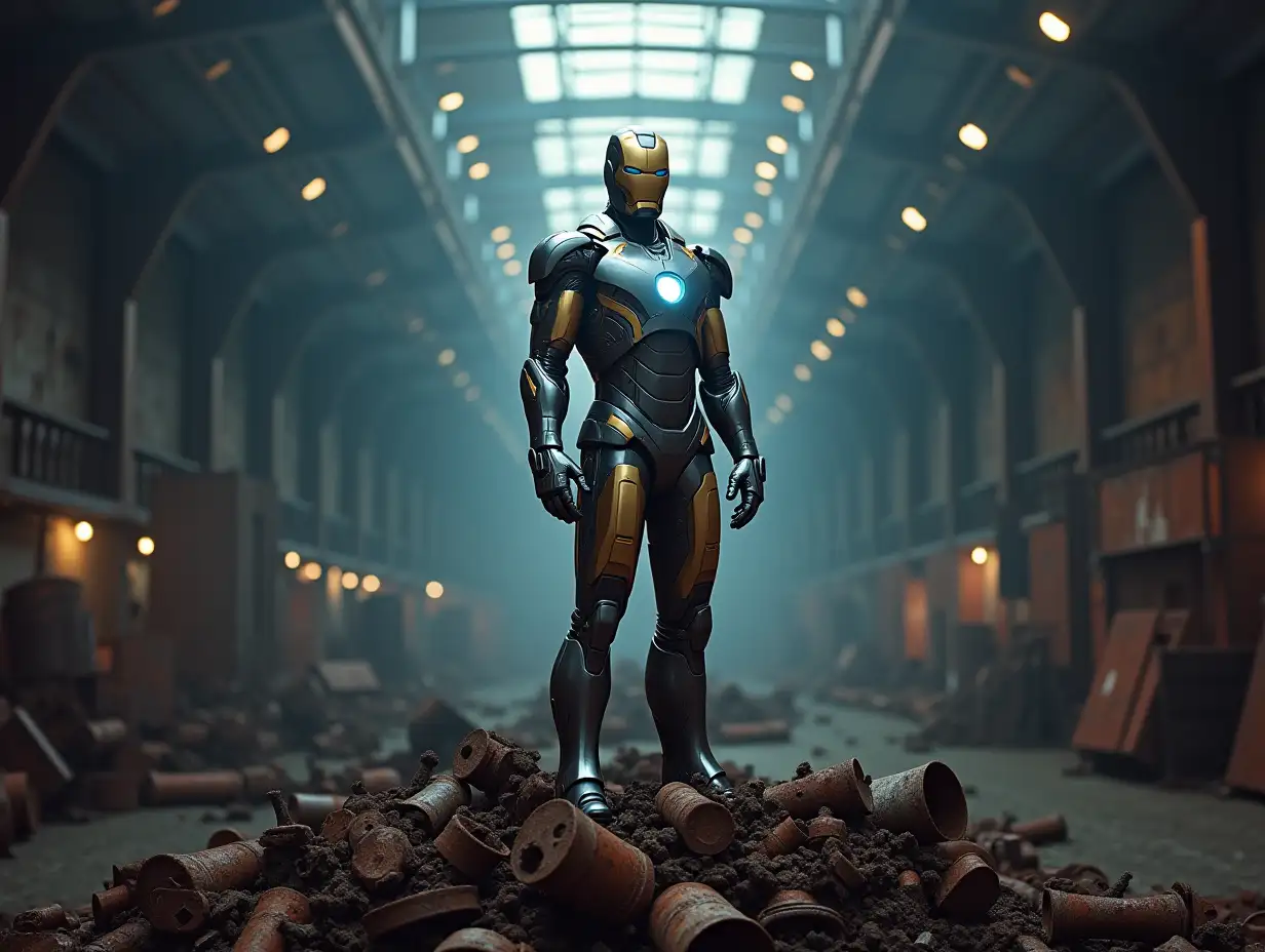 IronMan in graubllaugstreiften suit portrait in 8k resolution in a very bright room with many lighting and he stands on a heap of rusty metal with spotlight shining on him