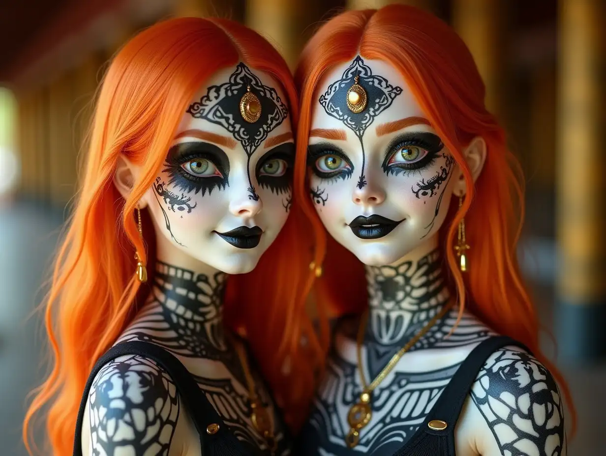 Two young black and white pattern girls with alien face, with orange hair, with a slight smile on their faces, highlighting their smile, modern retro jewelry, in a temple with much gold different shades 4k