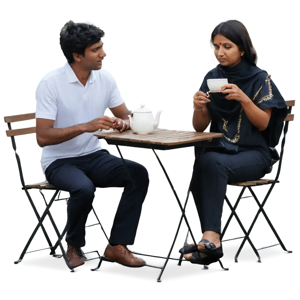 Indian man and woman are sitting at a table and drinking tea