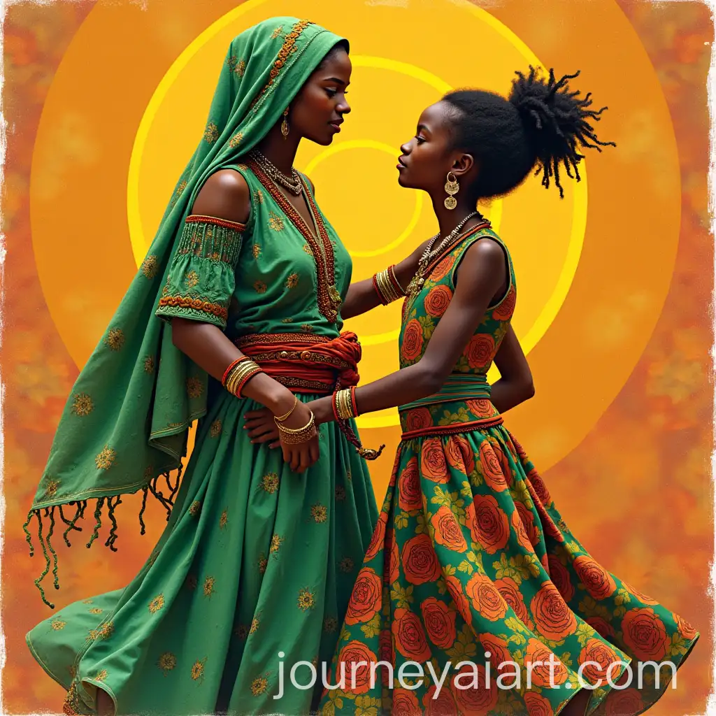 Somali-Woman-and-Girl-Dancing-in-Exuberant-Firecore-Collage-Style
