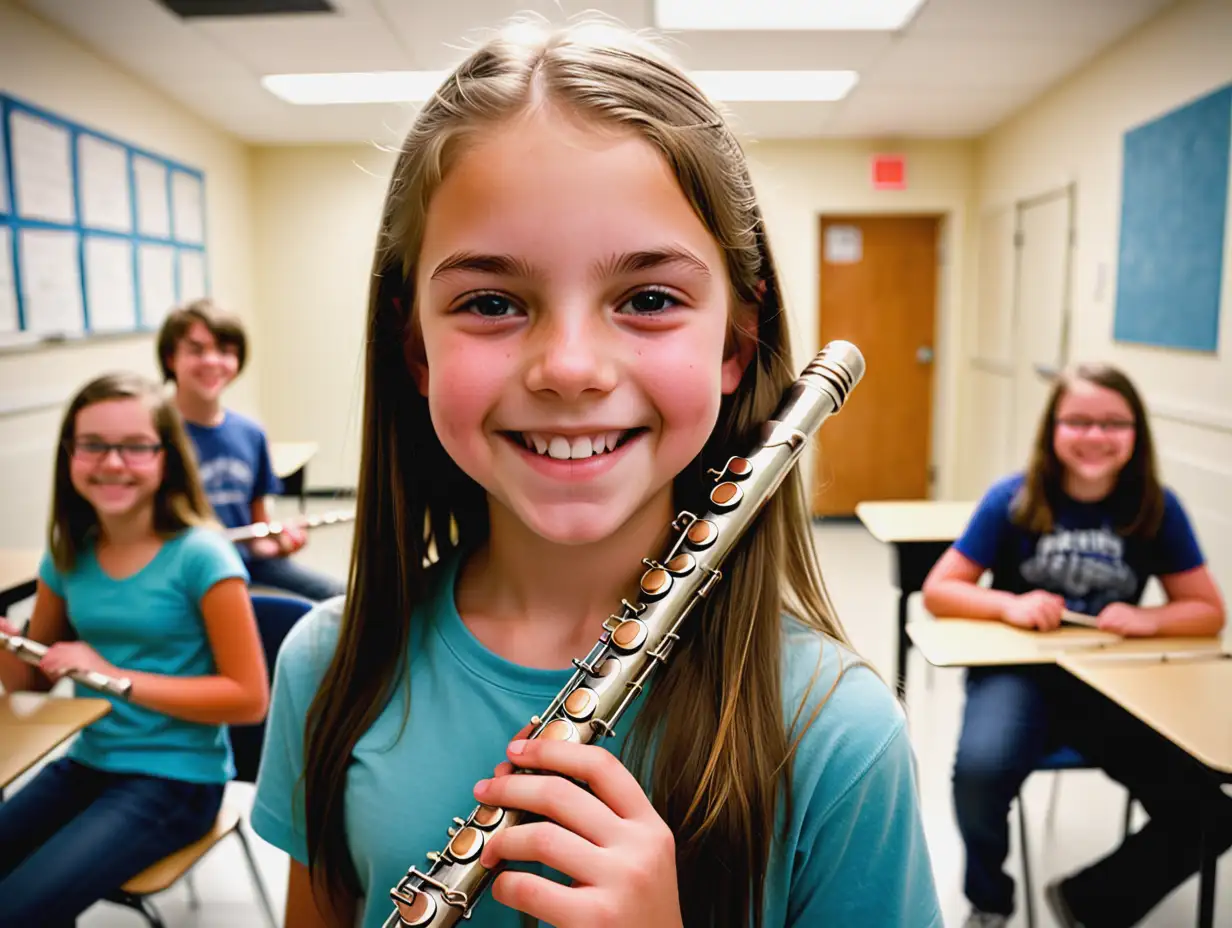 Happy 14YearOld Girl Holding a Flute in a Classroom Band Room