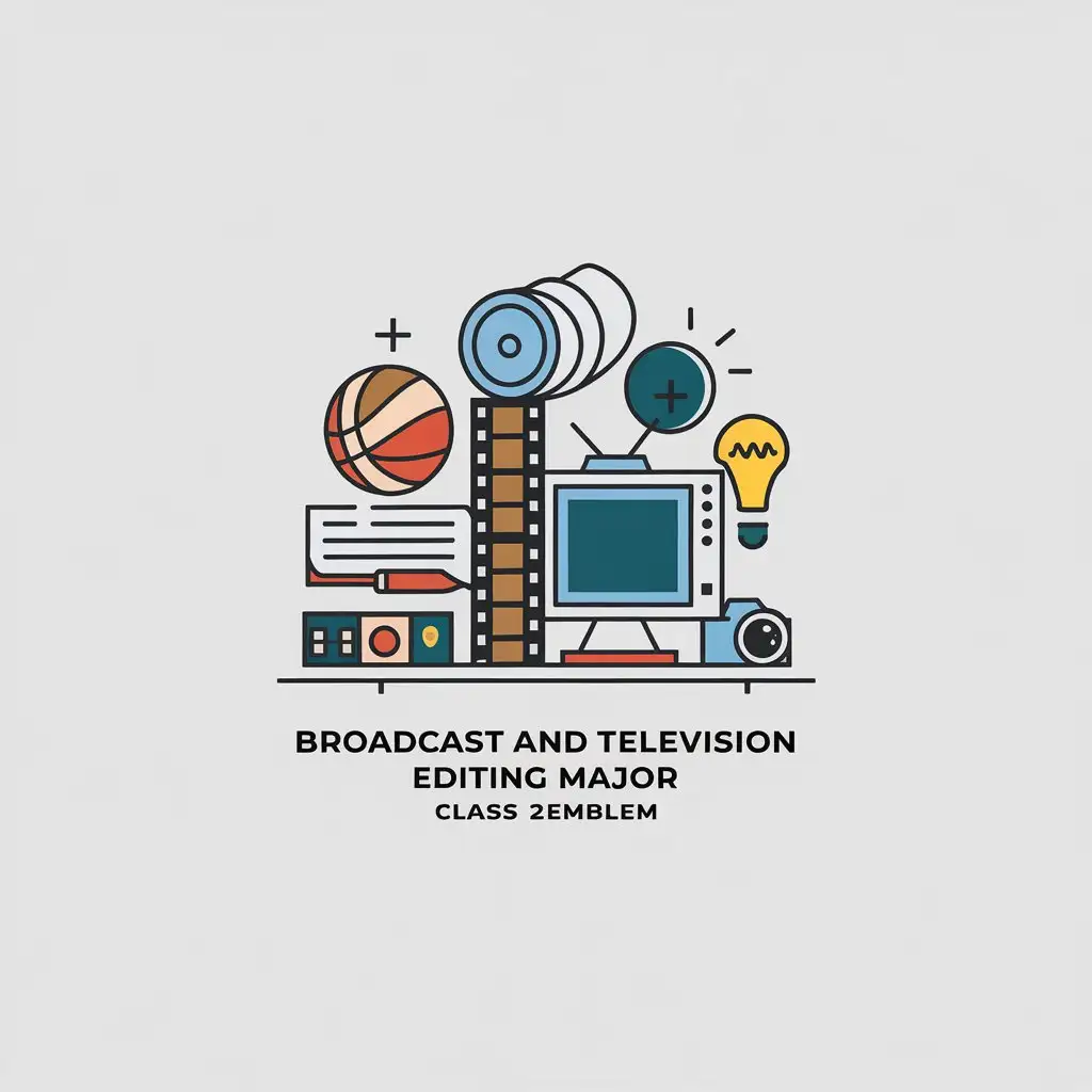 a vector logo design,with the text "Broadcast and television editing major 236011 class emblem", main symbol:The subject focuses on film and television, scriptwriting as the main part, with sports, eSports, learning and photography elements of a class emblem,Minimalistic,be used in Education industry,clear background