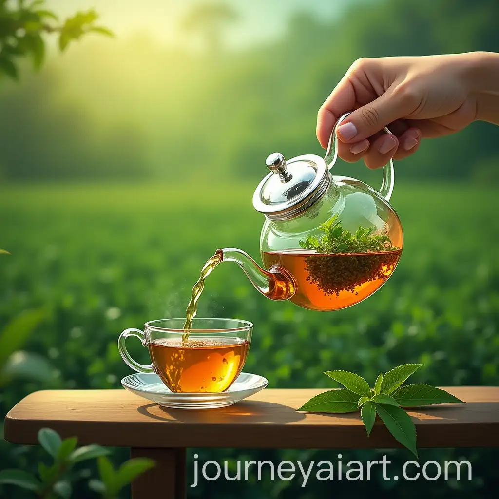 HyperRealistic-Digital-Painting-of-Glass-Teapot-Pouring-Green-Tea-with-Tea-Plantation-Background