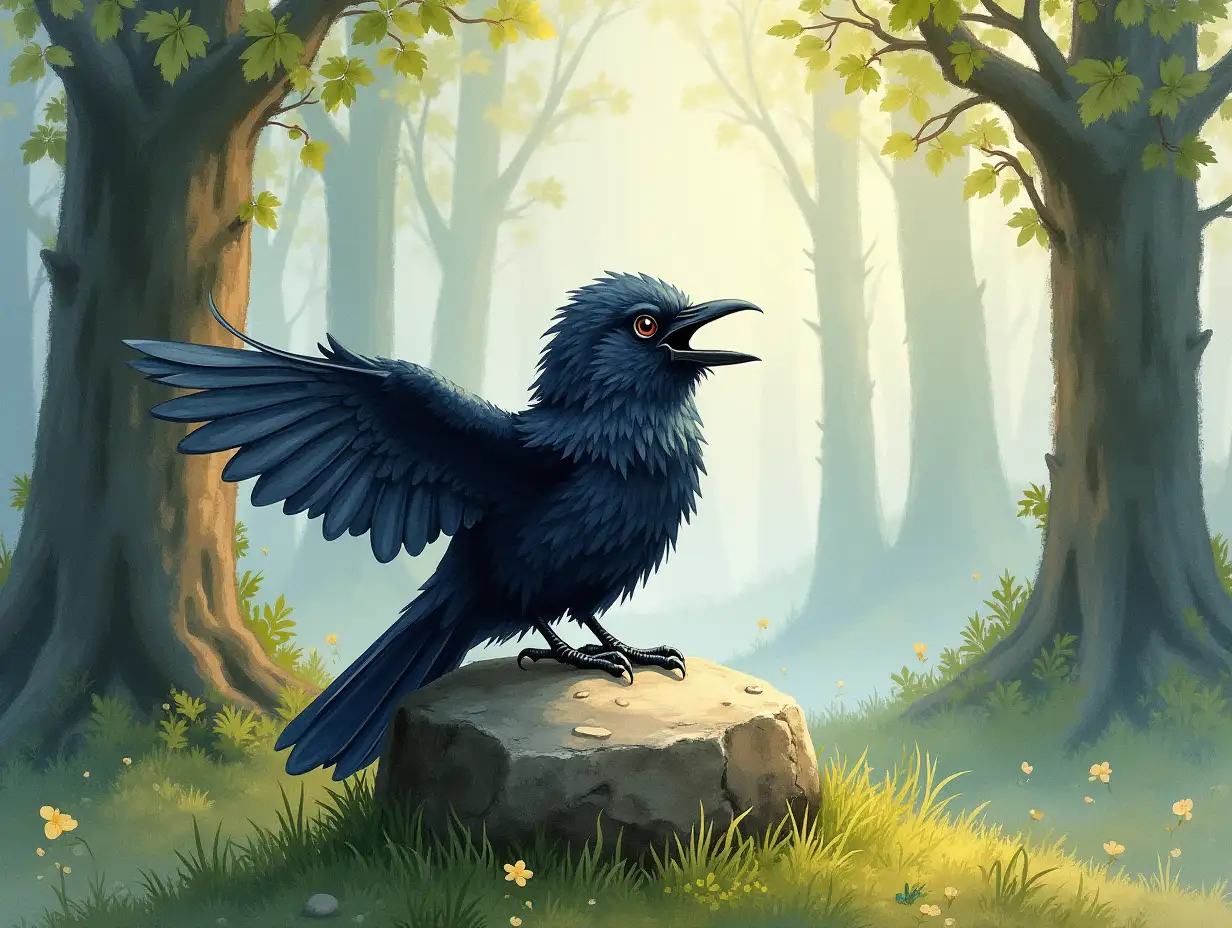 a little raven with spread wings and open beak sits on a mossy stone surrounded by tall thick trees roughly painted with watercolor, NPR shading