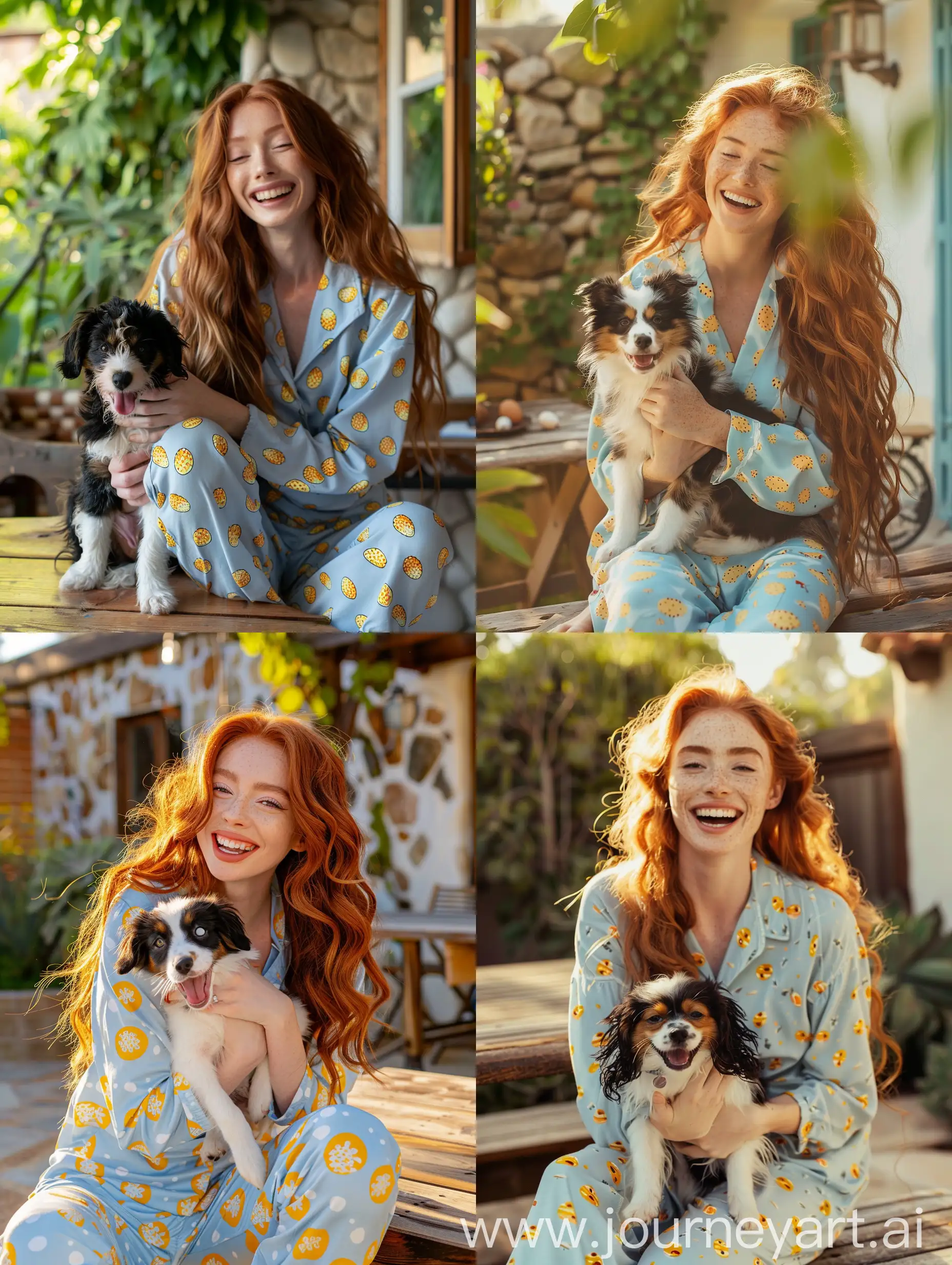 Cheerful-Woman-with-Red-Hair-Playfully-Holding-Dog-Outdoors