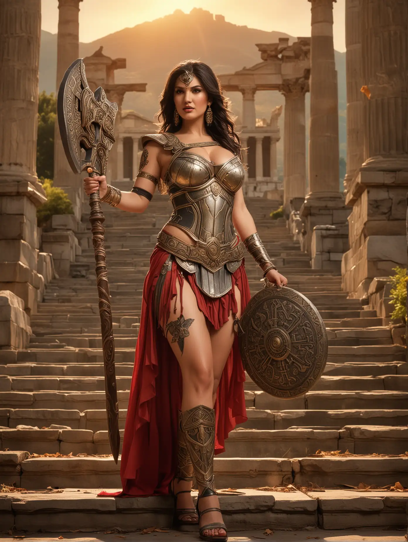 Sunny Leone was cosplaying as greek's goddess knight, carrying a large ax, walking graceful and elegant on stair's steps. The background is a vibrant temple of zeus at olympus mountain, amazing ray tracing of sunrise, graceful, She has a large tattooed across her chest, giving the overall composition an edgy feel.