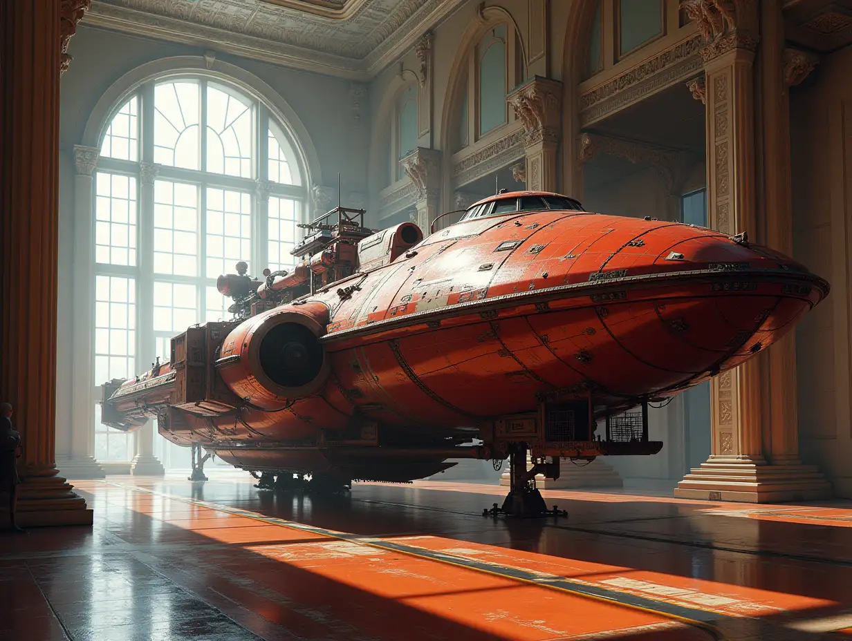 Creating a digital painting of a powerful, robust spaceship in a bright room with elaborate paintwork, a grand hall setting and photorealistic attention to detail for parts and lighting.