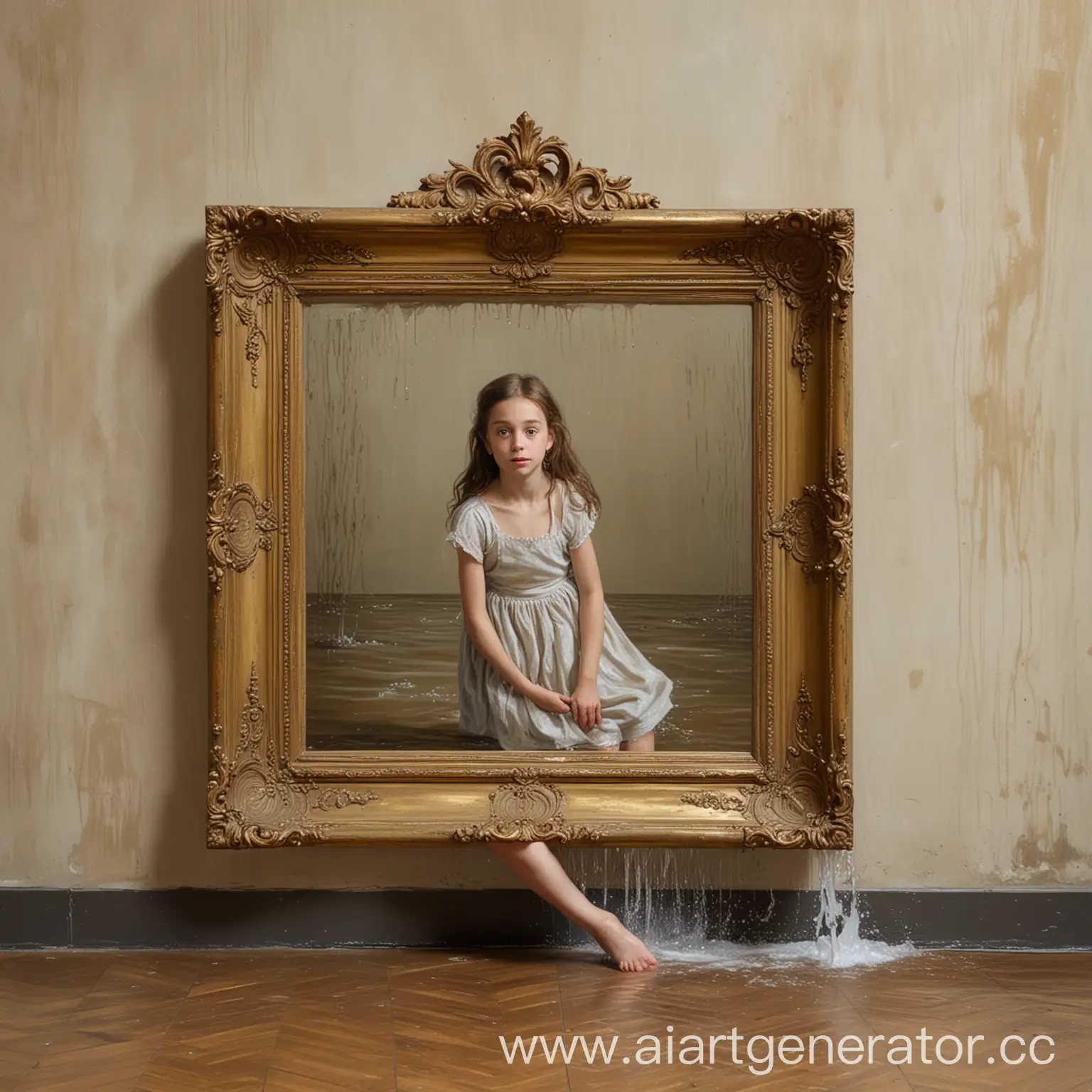 Surreal-Portrait-of-a-Girl-with-Water-Flowing-from-a-Gilded-Frame