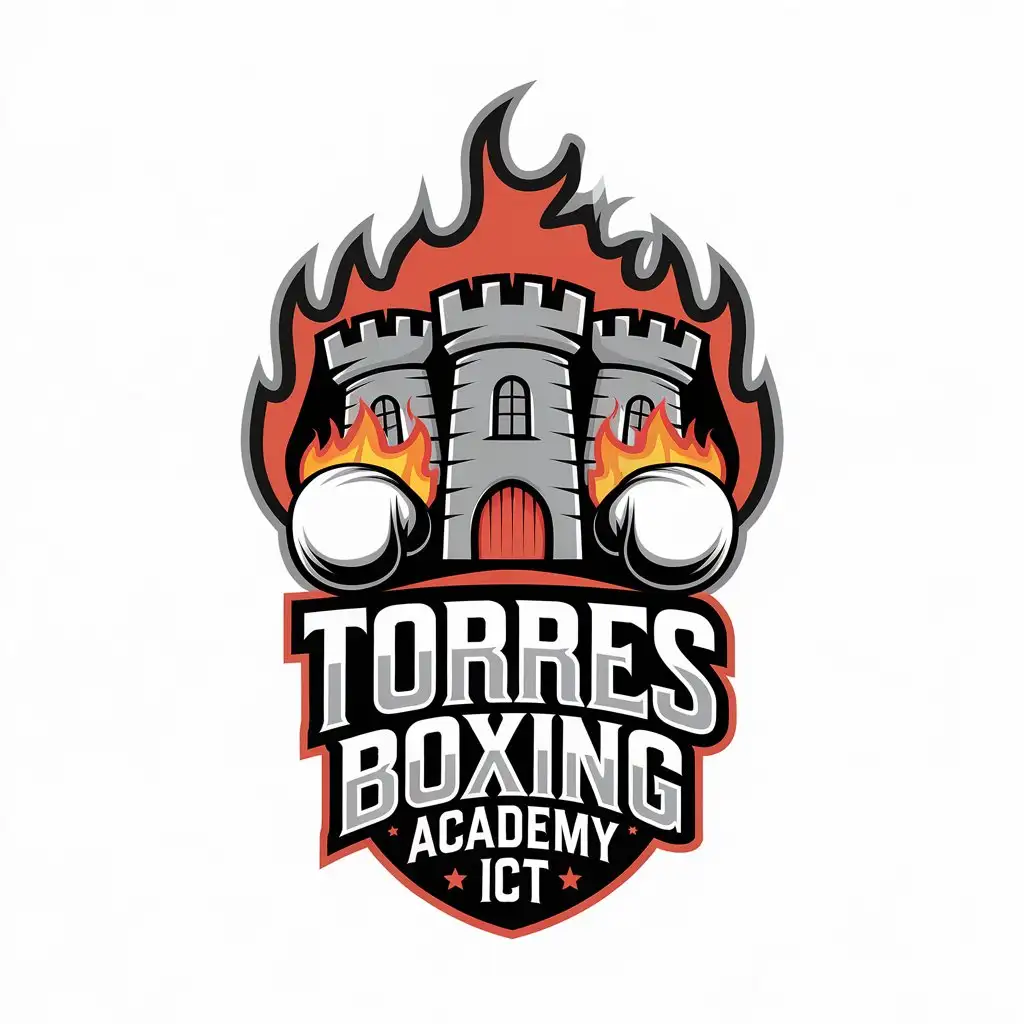 LOGO Design for Torres Boxing Academy ICT Castle with Eyes and Gloves on Fire Theme for Sports Fitness Industry