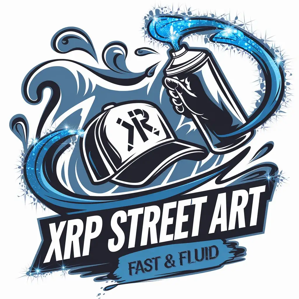 LOGO Design for XRP Street Art Animated Spray Snapback Cap and Sparkling Blue Paint with Stylized Waves and Fast Fluid Tagline