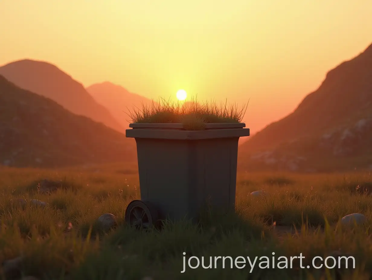 Hyper-Realistic-Trash-Can-at-Sunset-with-Mountain-of-Dirt