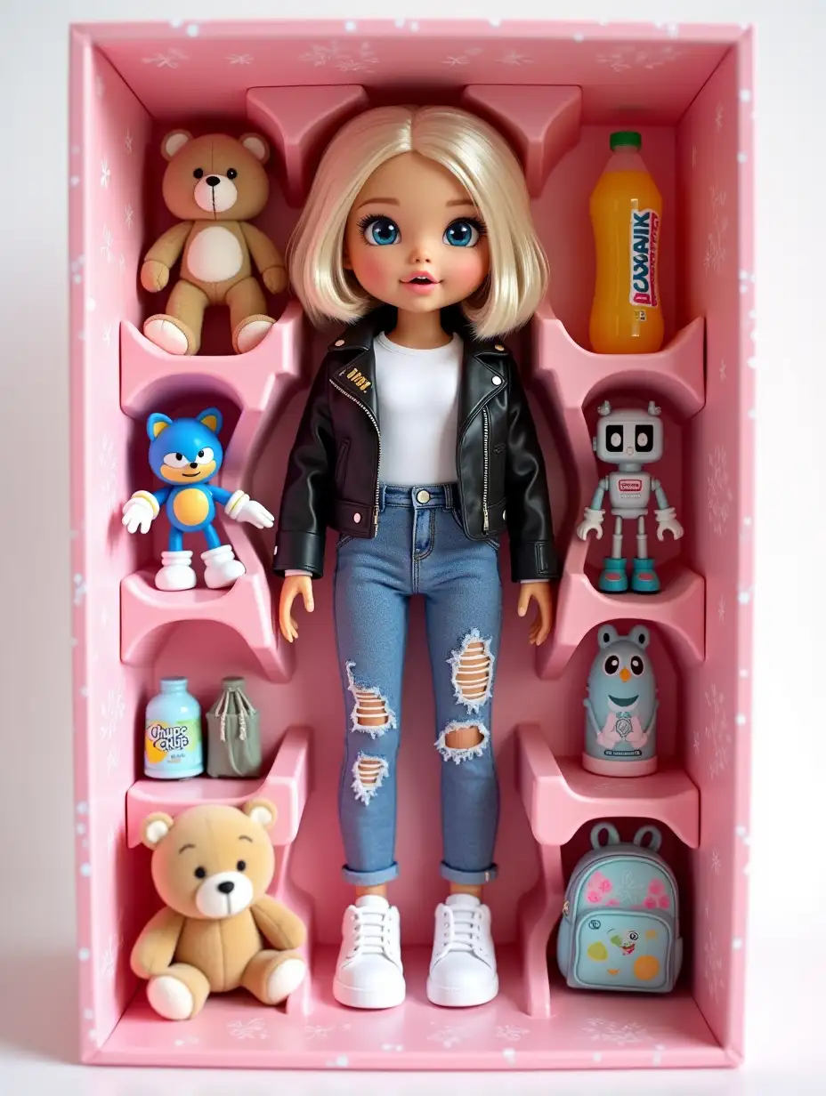 Depict a girl doll as an action figure in the style of PixArt, made of soft touch plastic. The toy should be standing in an indentation in a gently pink box with patterns and ornaments. The doll has light colored hair, blue eyes, and fair skin. It is dressed in a white t-shirt, a black leather jacket, fashionable ripped blue jeans. White sneakers are on its feet. Its accessories - a plush bear, a transformer robot, a Sonic toy, lemonade, Chupa Chups, a children's backpack - should be near the figure in the indentations. The word 'Vasilisa' should also be on the box, characters stamped and engraved on the box. Make it as realistic as possible.