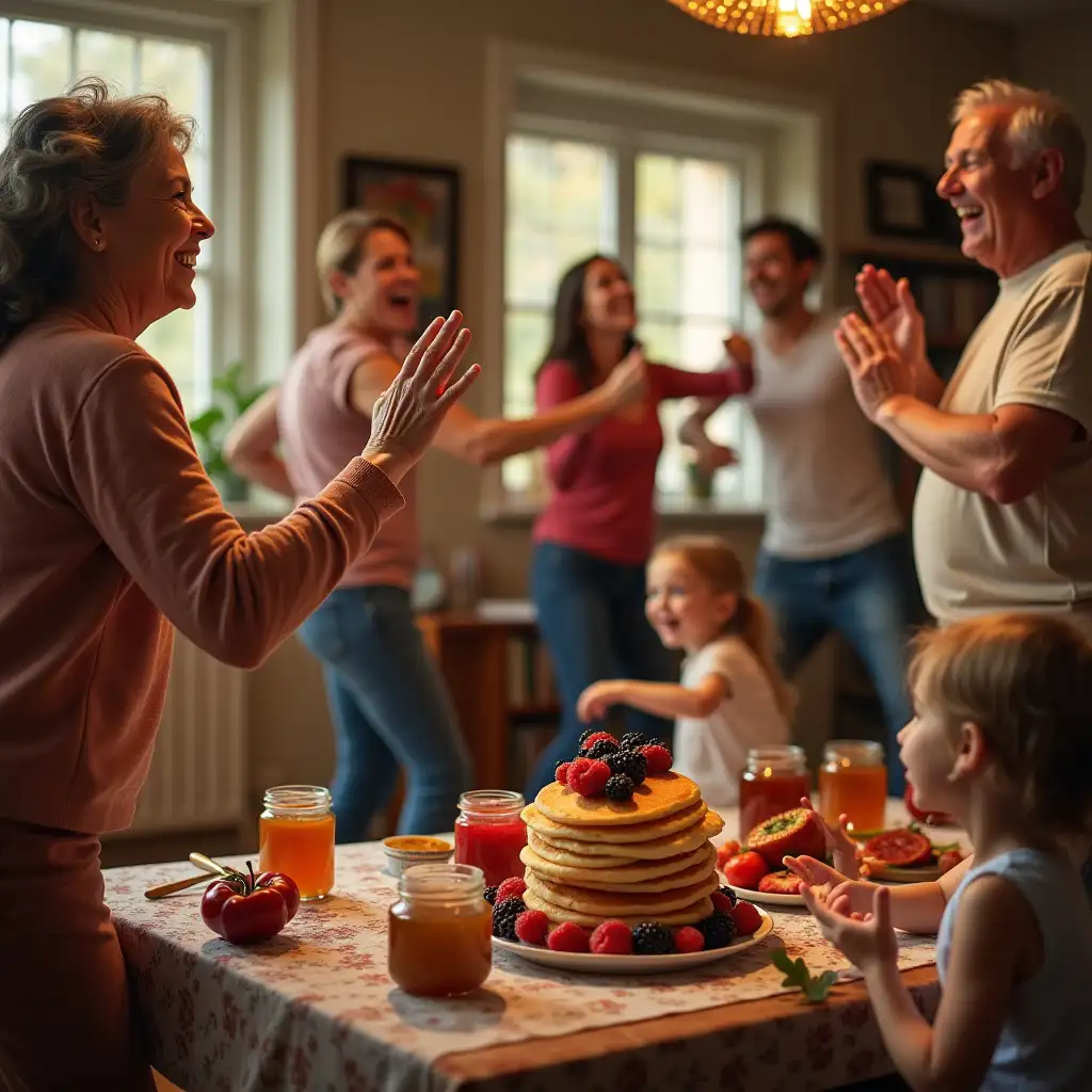 Prompt for image creation: A lively and dynamic scene: the whole family dances rock-n-roll in a cozy living room. Grandmother and grandfather, smiling, try to repeat energetic movements, mom and dad spin in dance, while children laugh and jump to the beat of music. In the background is a table laid for treats, with a tall stack of golden pancakes decorated with berries and honey. Next to it are jars of jam and fresh fruits. The atmosphere of joy, warmth and celebration hangs in the air. The interior of the living room is cozy: soft light, family photos on the walls, books on the shelves. Everything around is filled with energy, laughter and family happiness.