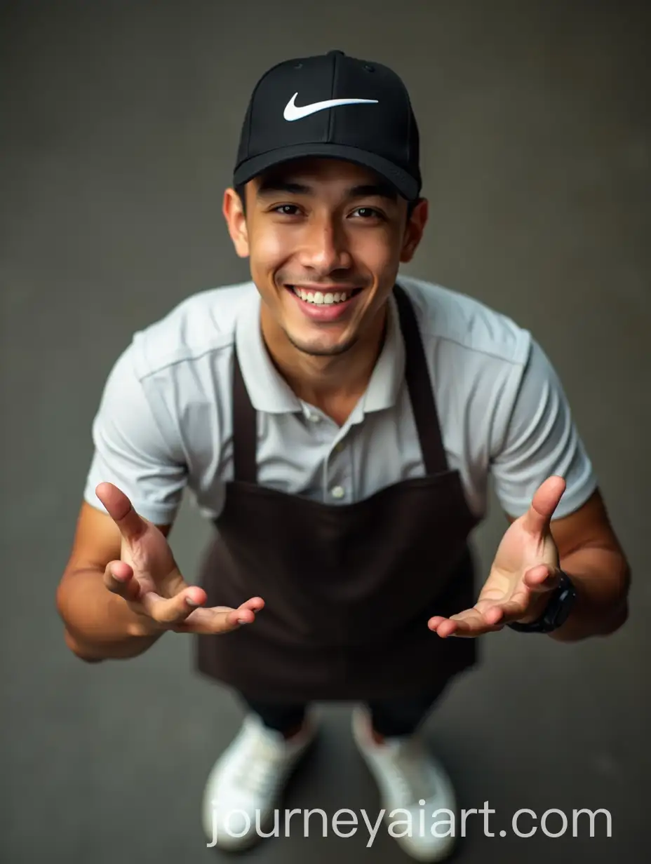 Top-View-Indonesian-Man-in-Nike-Hat-and-Waiter-Uniform-Gesturing-Encouragement