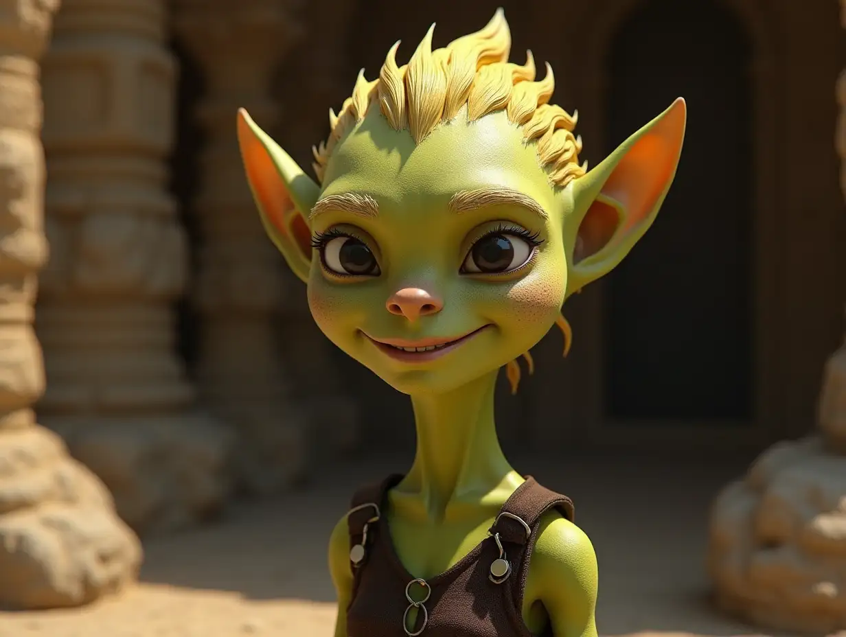 Young black and white patterned Shrek with young black and white patterned Alien face, long neck, sharp chin with golden hair, with a slight smile on his face emphasizing her smile, modern, in a temple of much gold with various shades 4k nAlien-Face, with yellow hair, with a slight anger on her face, emphasizing her anger, on a rock 4K resolution 