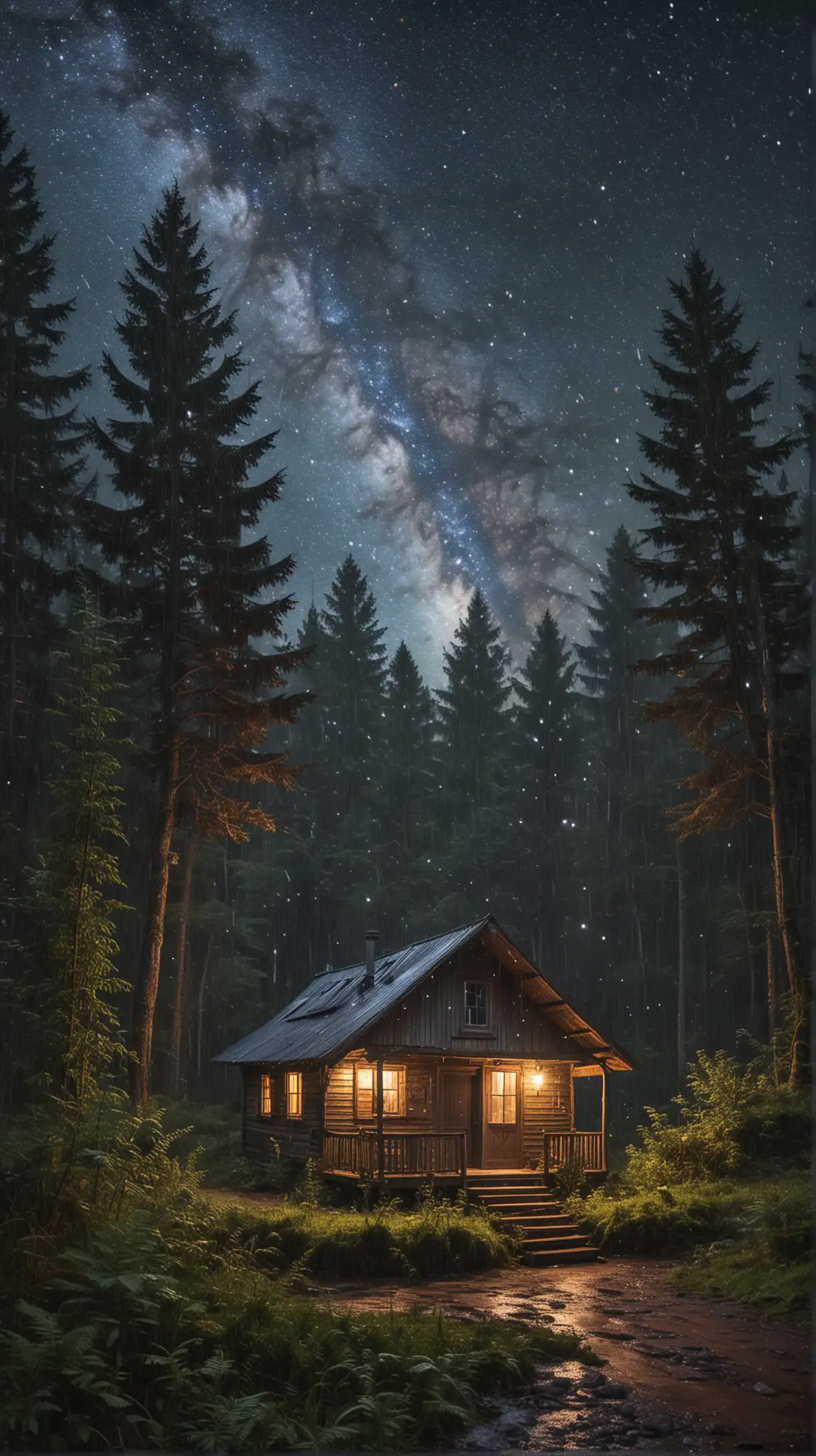 Impressionist Dark Forest Hut in Heavy Rain with Milky Way