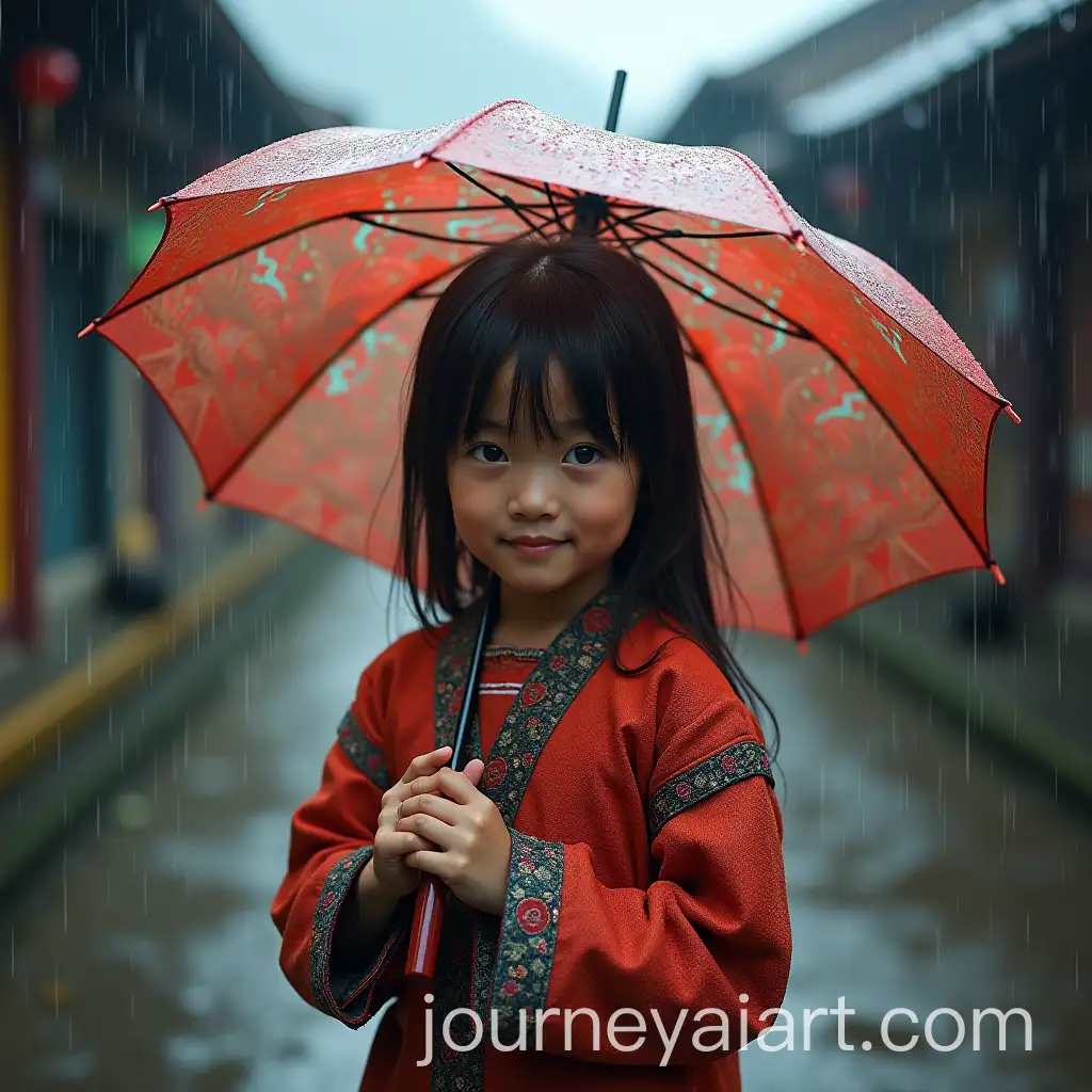 Bhutanese-Girl-in-Kira-with-Umbrella-in-Rain