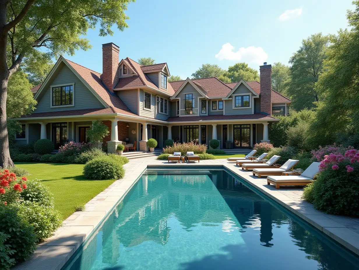 Create for me a house with a large garden and pool with a big house, colorful bushes