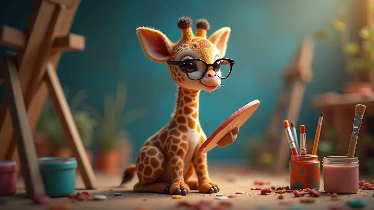 Adorable Baby Giraffe in Glasses Dressed as a Painter in Space