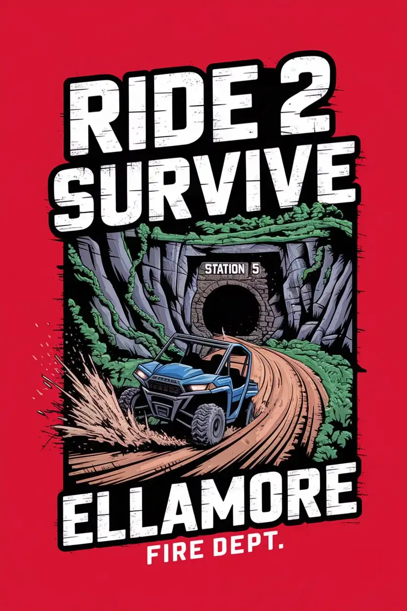 A bold and aggressive T-shirt design featuring 'RIDE 2 SURVIVE' as the dominant text in large, blocky, distressed font. Integrated within the design is a rugged Appalachian mountain landscape, where a Polaris RZR speeds down a rough dirt road, kicking up a dramatic spray of mud. The path leads toward an abandoned tunnel entrance embedded in the mountainside, overgrown with vines and surrounded by jagged rocks. 'STATION 5' is subtly incorporated within the design, while 'Ellamore Fire Dept.' is positioned below in a strong, distressed font. The design is in a high-contrast, spot-color style optimized for screen printing, set against a red background, with an aggressive and high-energy aesthetic.