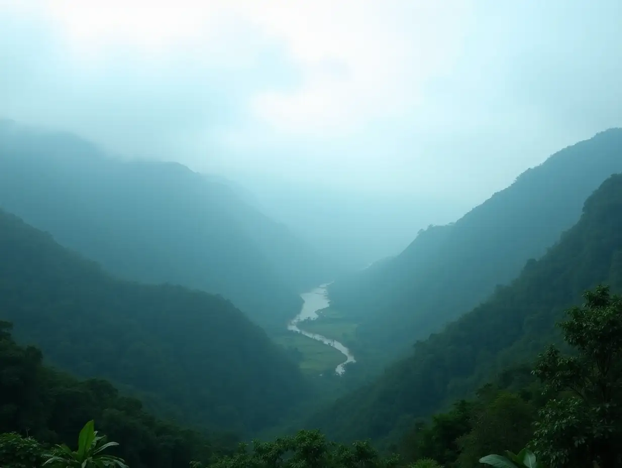 view from the top of the mountain. Foggy landscape in the jungle. Tropical valley landscape with mist and clouds. landscape on the mountains and the river in the fog