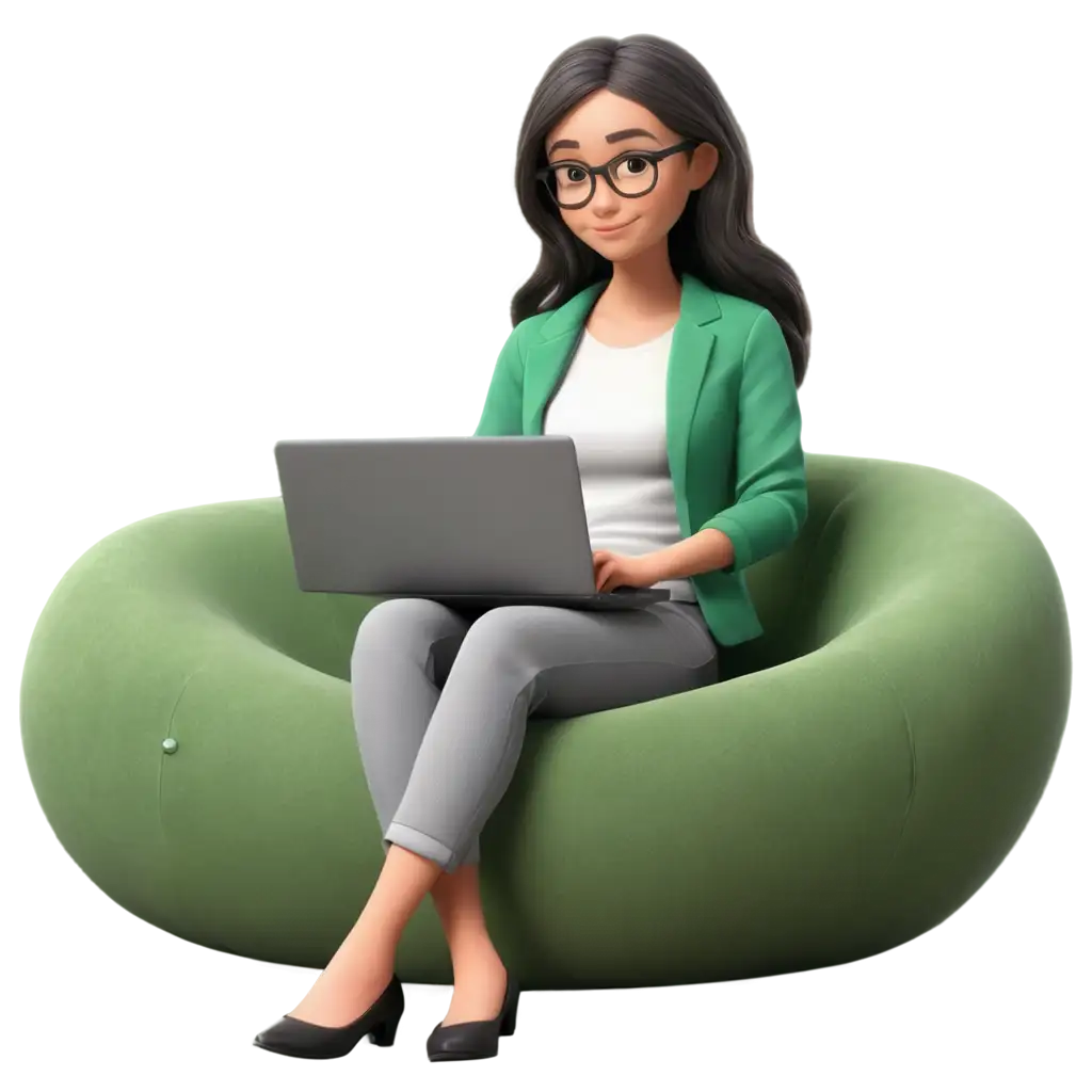 3D-PNG-Image-of-a-Girl-Using-a-Laptop-While-Relaxing-on-the-Couch-in-Dresden-Green-and-Gray-Clothing