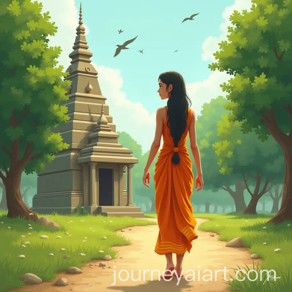Young-Woman-in-Orange-Sari-Walking-Toward-Village-Temple-Surrounded-by-Lush-Greenery