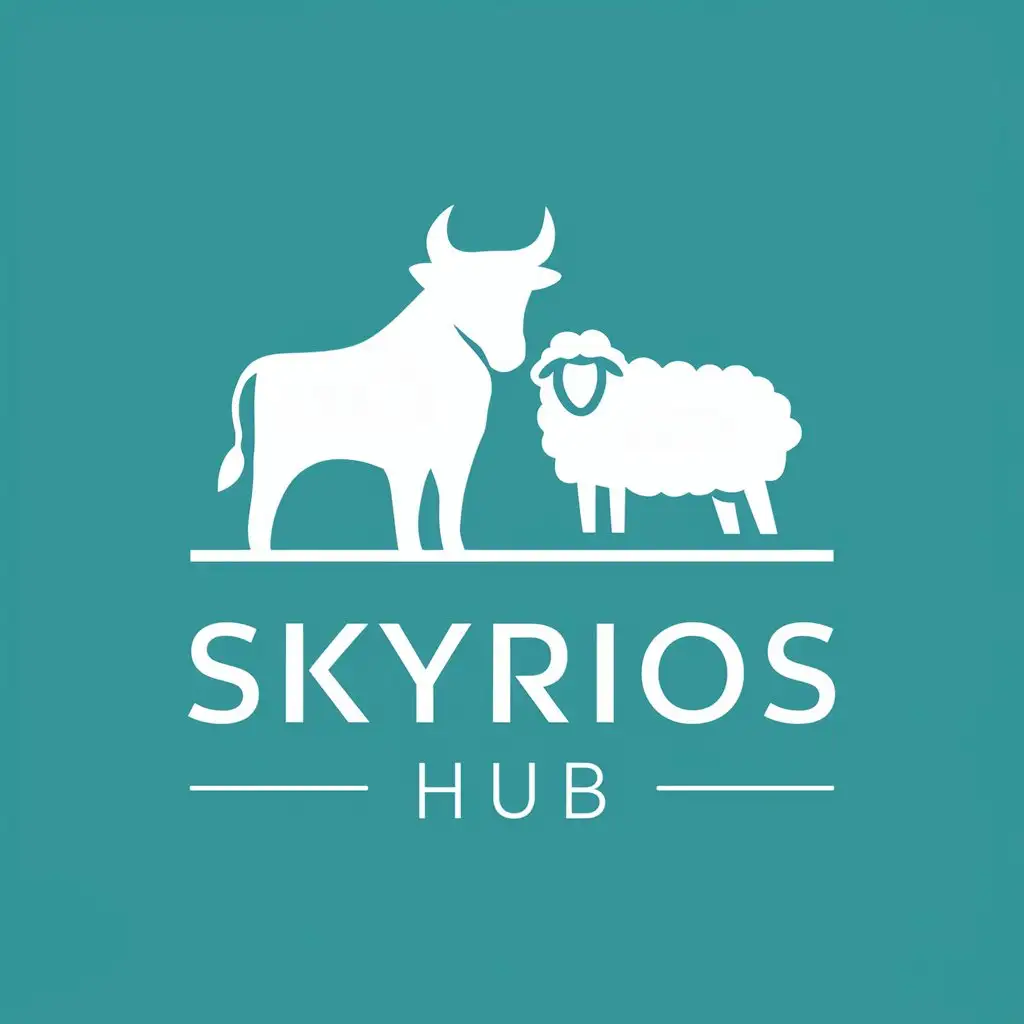 a vector logo design,with the text "SKYRIOS HUB", main symbol:bull and sheep on a turquoise background,Minimalistic,be used in Technology industry,clear background