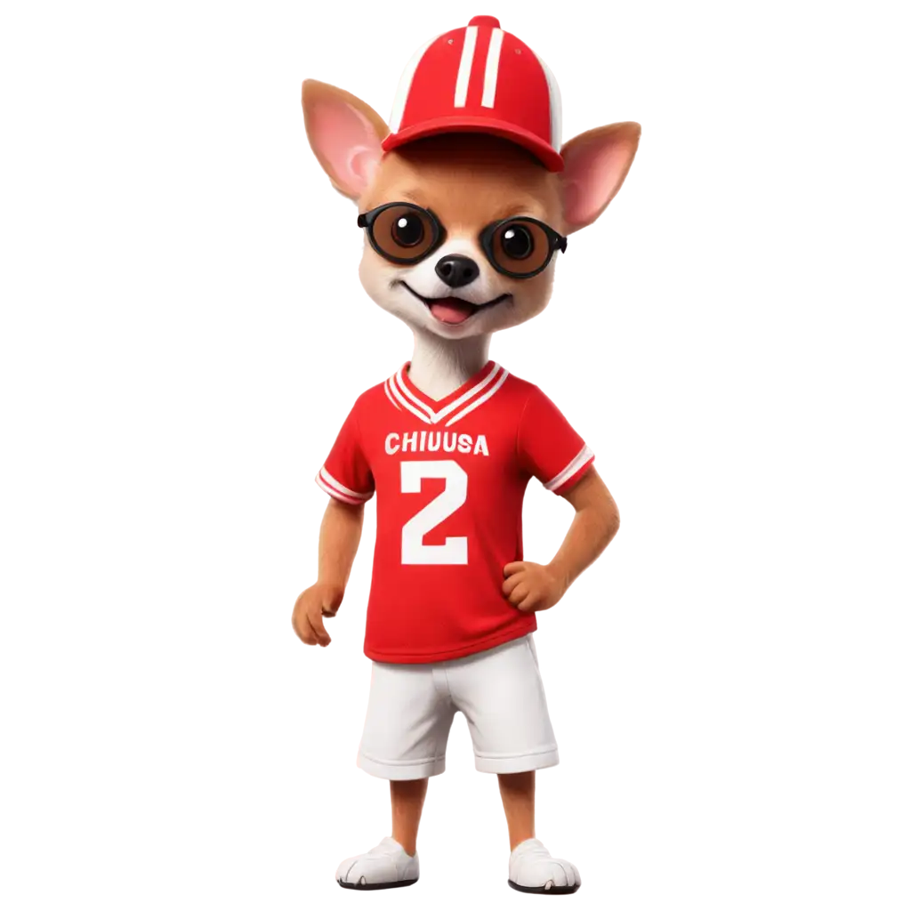 CUTE cartoon chihuahua standing on hind legs wearing a red and white football jersey, shorts and sunglasses