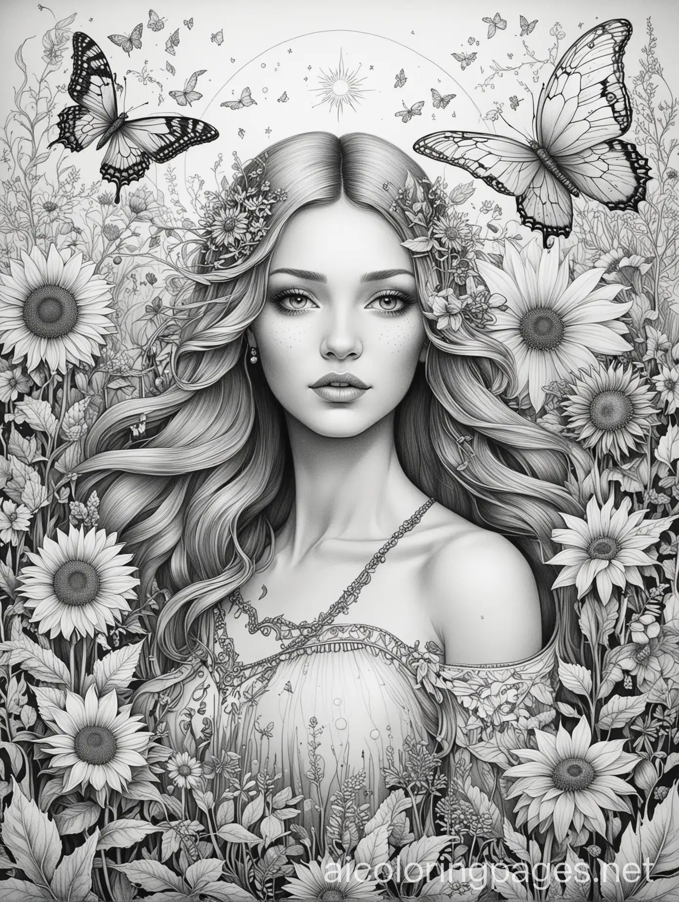 Create a detailed, mystical boho-style coloring page with a dark feminine energy. Incorporate elements such as stars, moons, sunflowers, stardust, and the earth. Include witchy symbols like tarot cards (specifically The Empress), along with subtle references to Greek mythology (Lilith, Hecate, The Morrigan). Blend bohemian and hippie aesthetics  Incorporate imagery that symbolizes transformation, rebirth, empowerment, and growth, such as wildflowers, phoenixes, and butterflies. The design should feel inviting and peaceful but also convey strength, balance, and spiritual connection. The scene could include a strong, feminine figure in a moment of personal power, surrounded by mystical flora and fauna, with cryptid-like siren elements in the background. b&w, Coloring Page, black and white, line art, white background, Simplicity, Ample White Space. The background of the coloring page is plain white to make it easy for young children to color within the lines. The outlines of all the subjects are easy to distinguish, making it simple for kids to color without too much difficulty