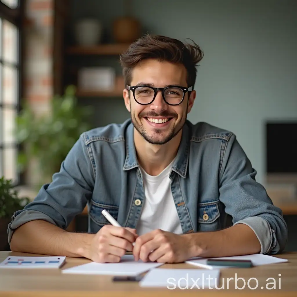 Smiling-Young-Entrepreneur-at-Desk-in-Modern-Office