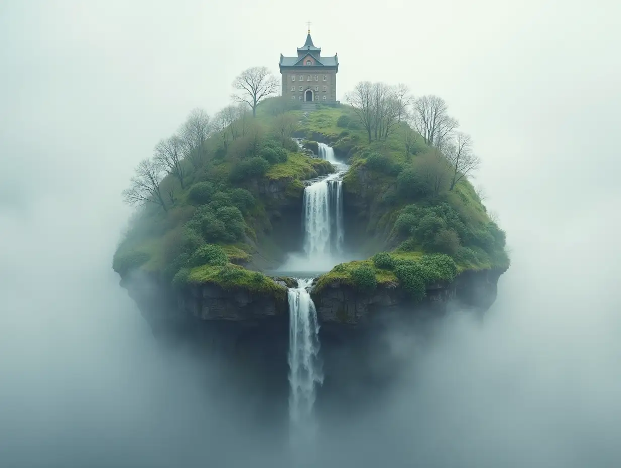 Create a globe with a building, forest, and waterfall coming out of the top half and gray sky with fog