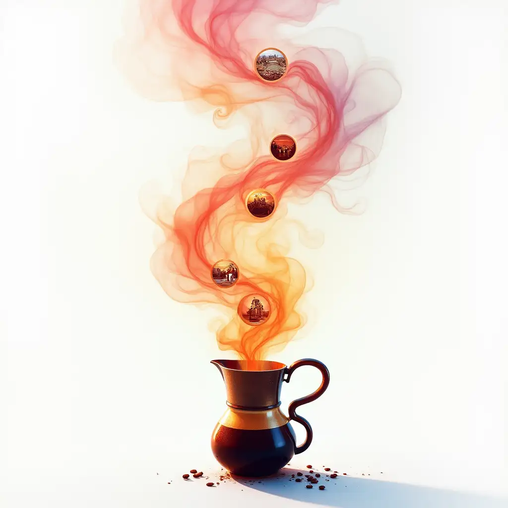 A dazzling, vibrant composition painted in the style of oil on canvas, bursting with luminous colors. Against a pristine white backdrop, the central focus is a coffee vessel viewed from close proximity. Rising above the vessel is a visible swirl of horizontal large of vapor, elegantly curling upwards. The vapor, enhanced by the interplay of light and shadow against the white background, becomes the stage for five distinct circular vignettes inside the vapor, part of vapor, each encapsulating a historical event, each in random position in the vapor.