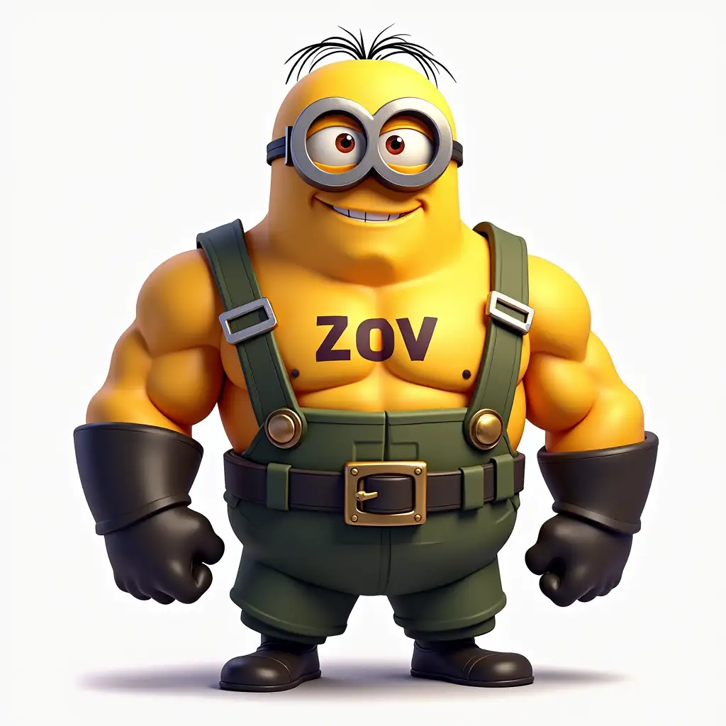 Giant, huge and muscular pumped-up Military Russia yellow Minion with the inscription ZOV on the chest drawn in the style of Clash Royale